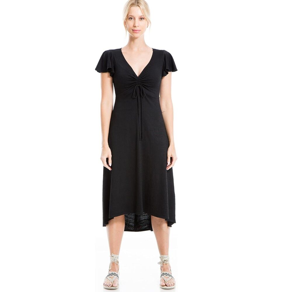 Max Studio Cinched Front Midi Dress Women M Black Knit Flutter Sleeve Whimsigoth